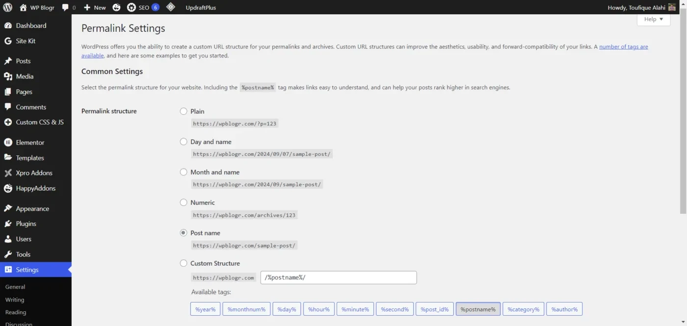 permalink settings wp blogr wordpress